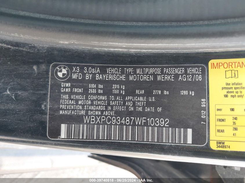 2007 BMW X3 3.0Si VIN: WBXPC93487WF10392 Lot: 39740518