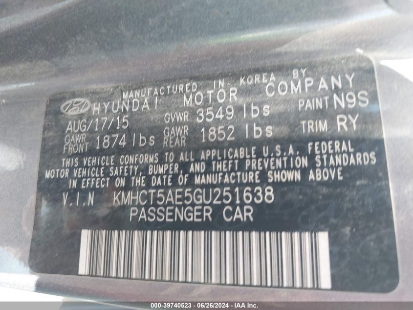 2016 Hyundai Accent Se VIN: KMHCT5AE5GU251638 Lot: 39740523