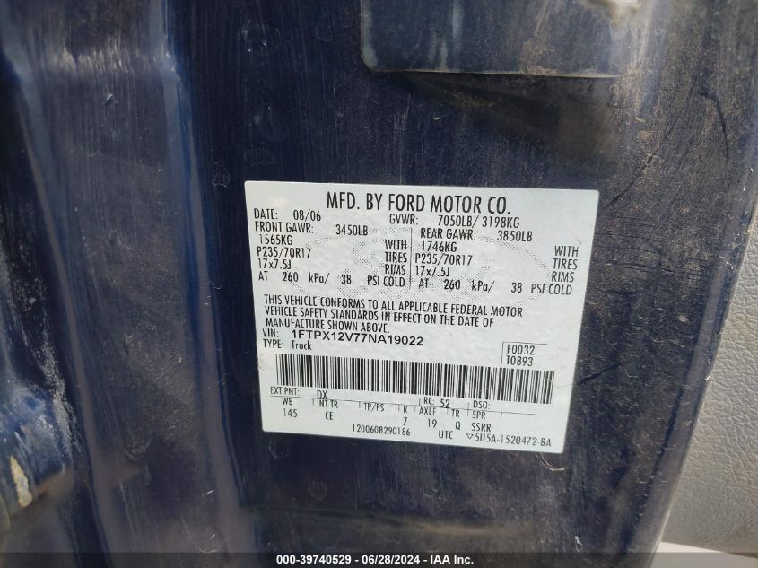 2007 Ford F-150 Lariat/Stx/Xl/Xlt VIN: 1FTPX12V77NA19022 Lot: 39740529
