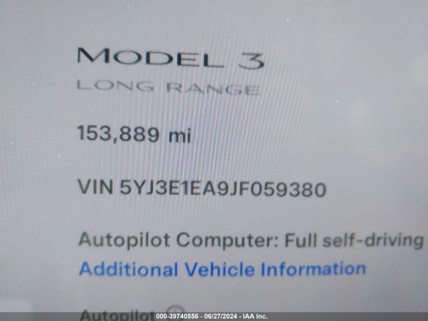 2018 Tesla Model 3 VIN: 5YJ3E1EA9JF059380 Lot: 39740556