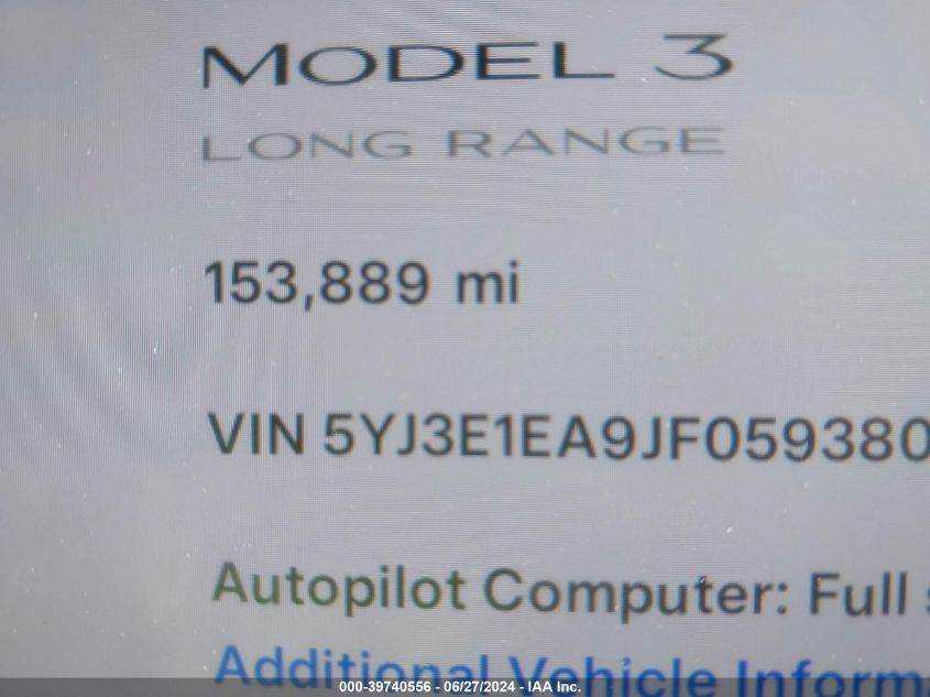 2018 Tesla Model 3 VIN: 5YJ3E1EA9JF059380 Lot: 39740556