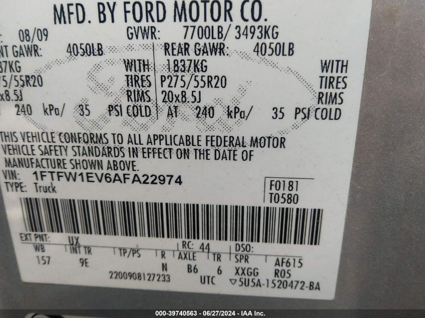 2010 Ford F-150 Fx4/Harley-Davidson/King Ranch/Lariat/Platinum/Xl/Xlt VIN: 1FTFW1EV6AFA22974 Lot: 39740563