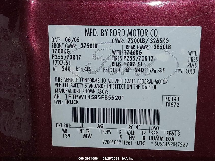2005 Ford F-150 Fx4/Lariat/Xlt VIN: 1FTPW14585FB55201 Lot: 39740564