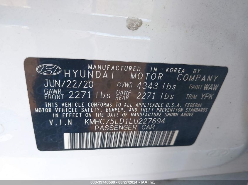 2020 Hyundai Ioniq Plug-In Hybrid Sel VIN: KMHC75LD1LU227694 Lot: 39740580