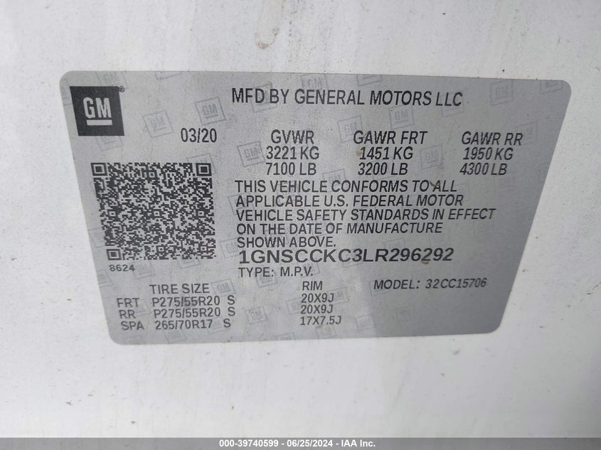 2020 Chevrolet Tahoe 2Wd Premier VIN: 1GNSCCKC3LR296292 Lot: 39740599