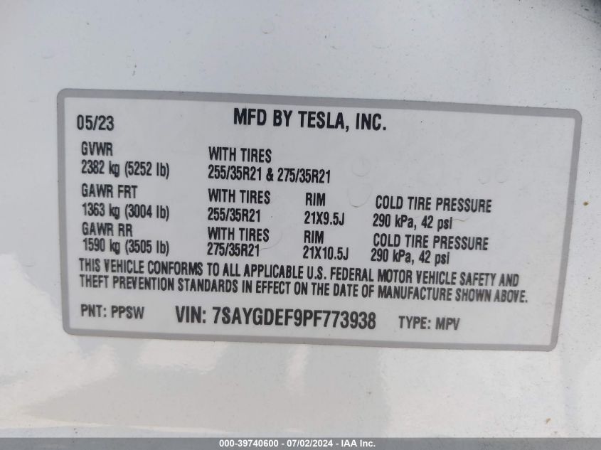 2023 Tesla Model Y Awd/Performance Dual Motor All-Wheel Drive VIN: 7SAYGDEF9PF773938 Lot: 39740600