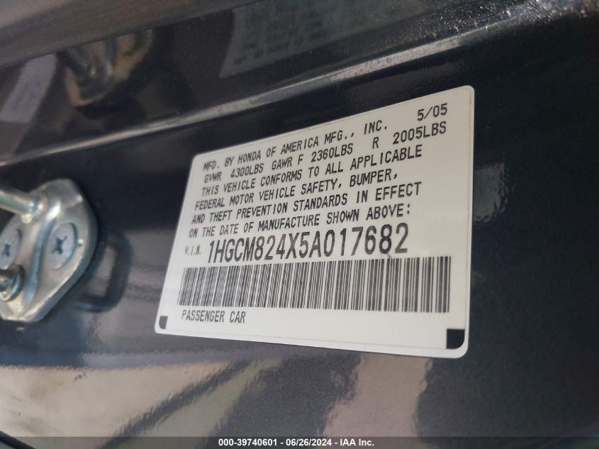 2005 Honda Accord 3.0 Lx Special Edition VIN: 1HGCM824X5A017682 Lot: 39740601