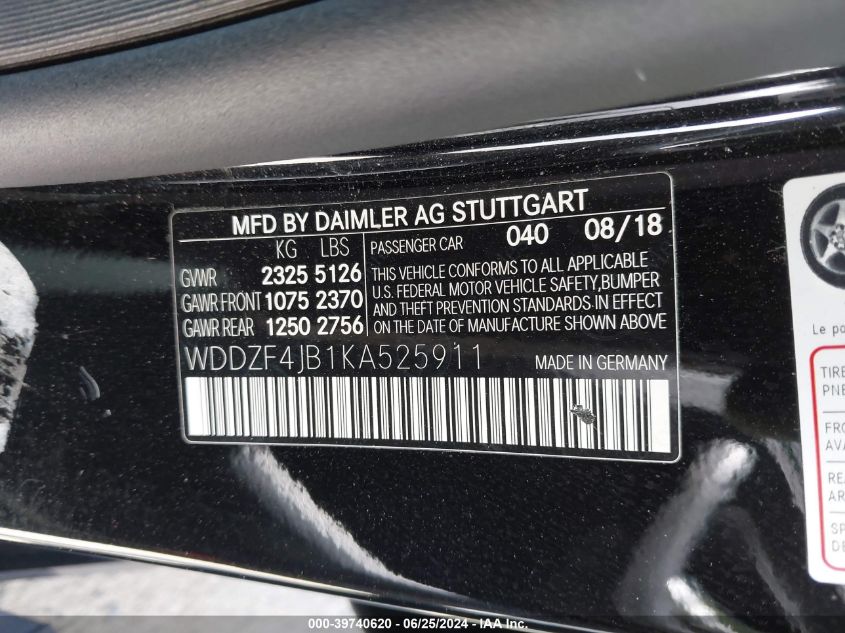 2019 Mercedes-Benz E 300 VIN: WDDZF4JB0KA653153 Lot: 39740620