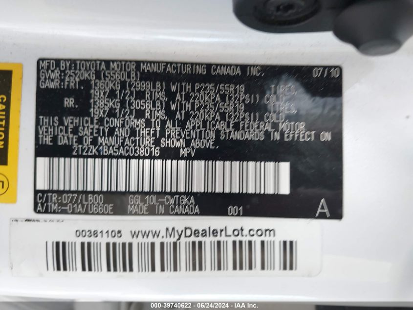 2010 Lexus Rx 350 VIN: 2T2ZK1BA5AC038016 Lot: 39740622