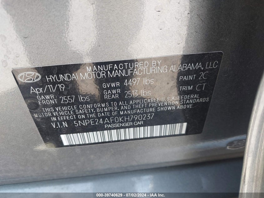 VIN 5NPE24AF0KH790237 2019 HYUNDAI SONATA SE