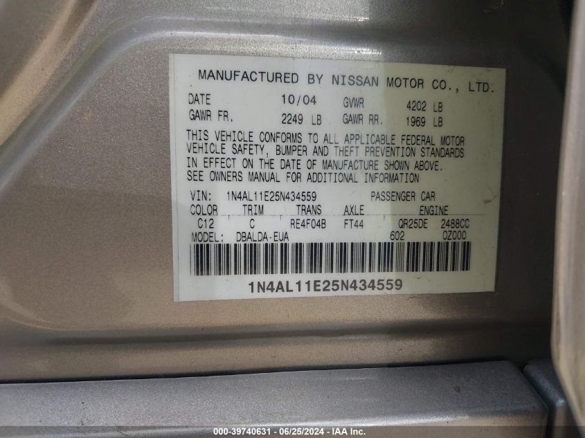 2005 Nissan Altima 2.5 S VIN: 1N4AL11E25N434559 Lot: 39740631