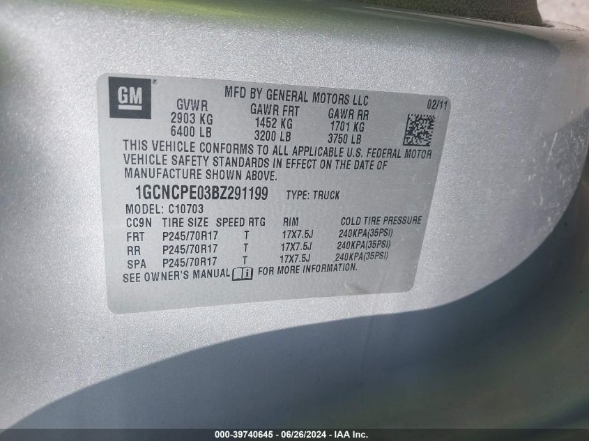 2011 Chevrolet Silverado 1500 Work Truck VIN: 1GCNCPE03BZ291199 Lot: 39740645