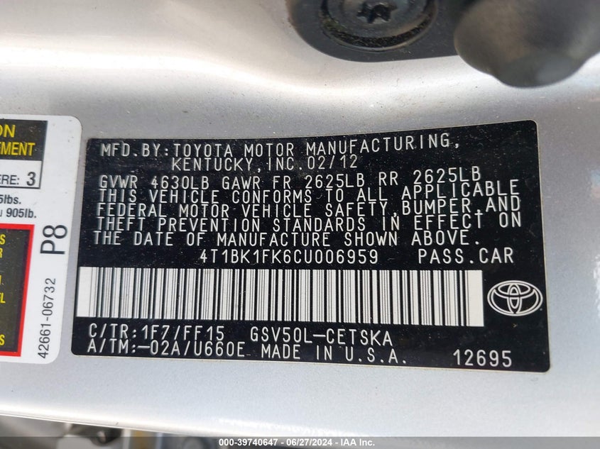 2012 Toyota Camry Se V6 VIN: 4T1BK1FK6CU006959 Lot: 39740647