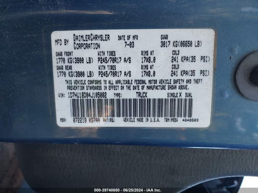 2004 Dodge Ram 1500 Slt/Laramie VIN: 1D7HU18D04J105082 Lot: 39740650