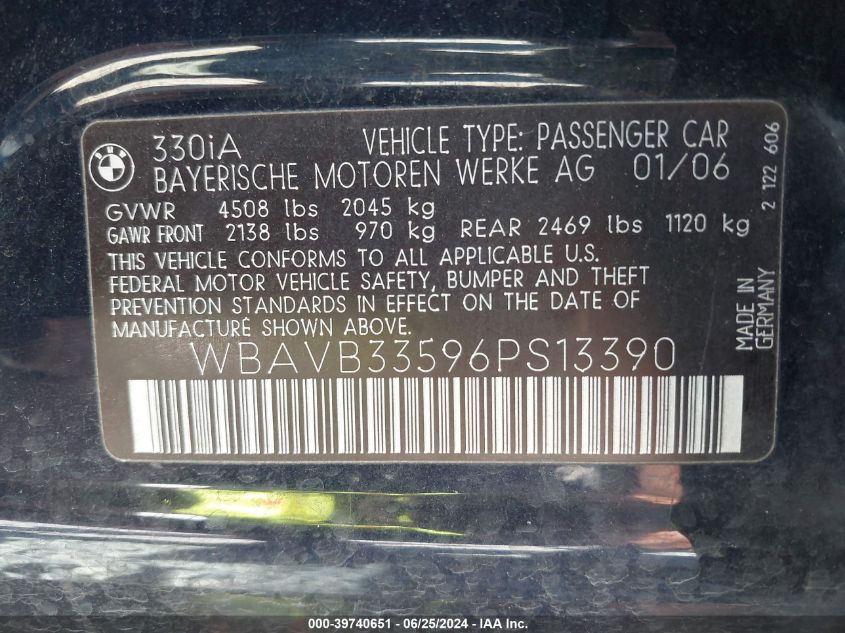 2006 BMW 330I VIN: WBAVB33596PS13390 Lot: 39740651