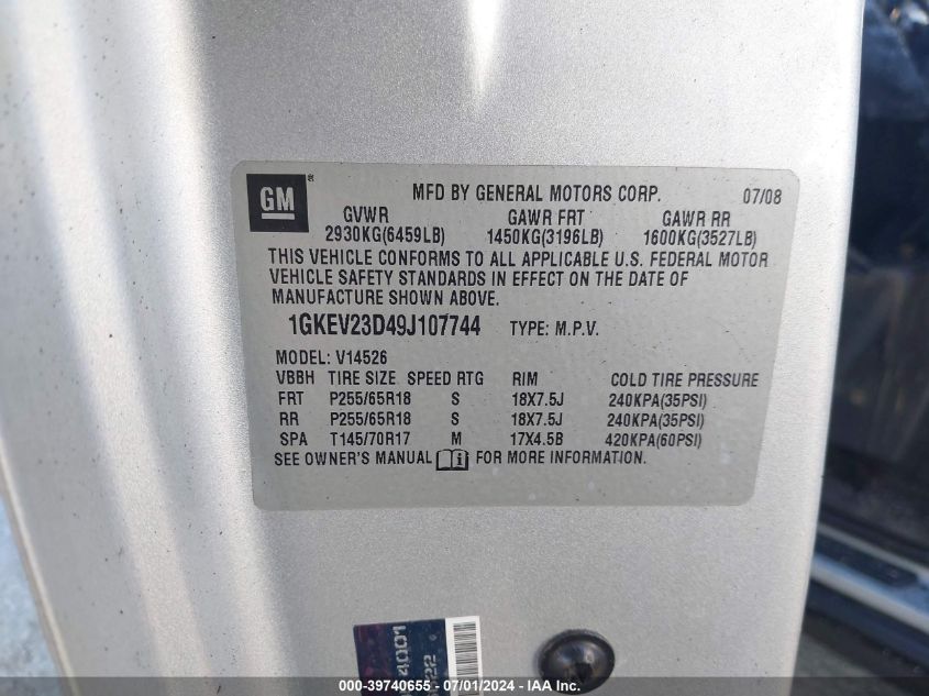2009 GMC Acadia Slt-1 VIN: 1GKEV23D49J107744 Lot: 39740655