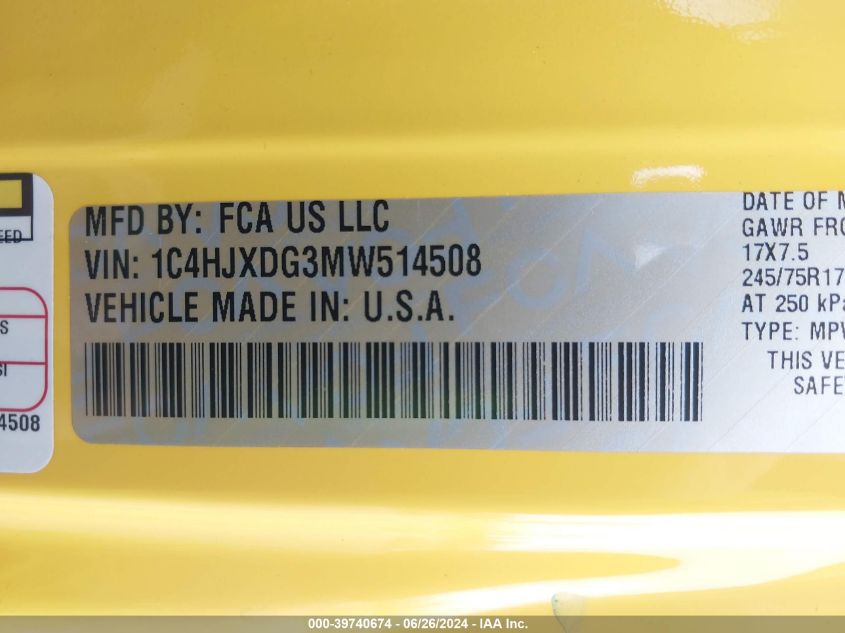 2021 Jeep Wrangler Unlimited Sport S 4X4 VIN: 1C4HJXDG3MW514508 Lot: 39740674