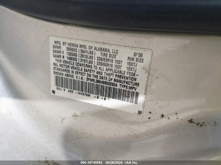 2009 Honda Odyssey Ex-L VIN: 5FNRL38649B002924 Lot: 39740692