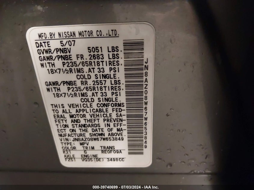 2007 Nissan Murano Se VIN: JN8AZ08W67W653849 Lot: 39740699