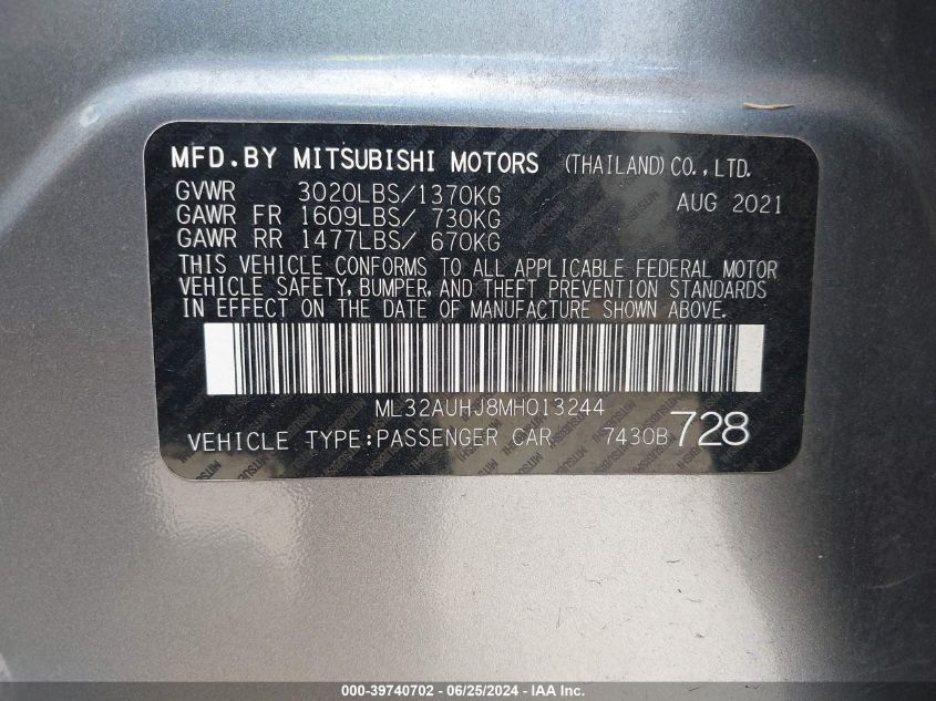 2021 Mitsubishi Mirage Carbonite Edition/Es/Le VIN: ML32AUHJ8MH013244 Lot: 39740702