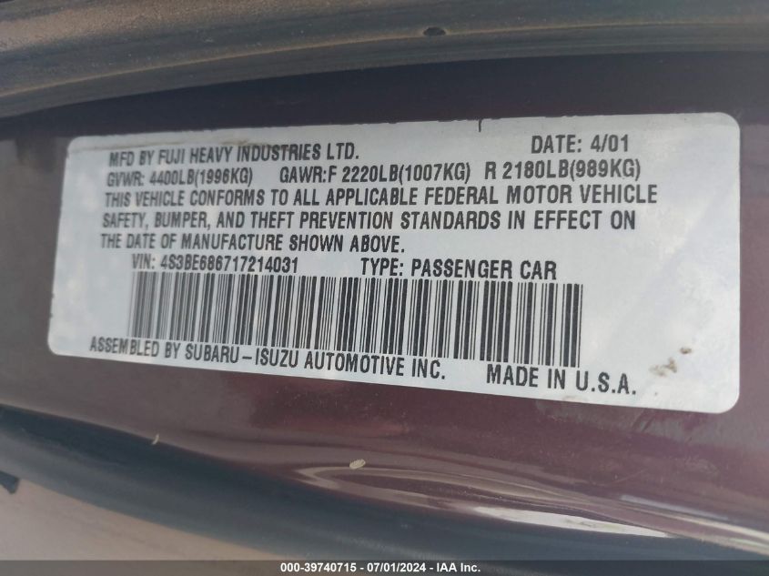 2001 Subaru Outback Limited VIN: 4S3BE686717214031 Lot: 39740715