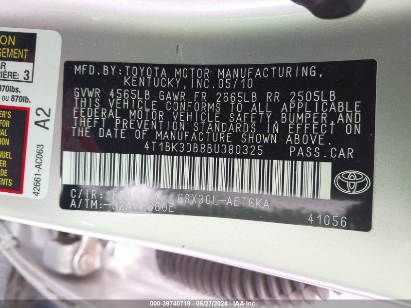 2011 Toyota Avalon VIN: 4T1BK3DB8BU380325 Lot: 39740719