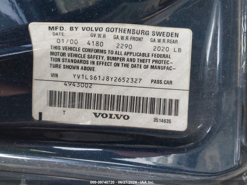 2000 Volvo S70 Se VIN: YV1LS61J8Y2652327 Lot: 39740720