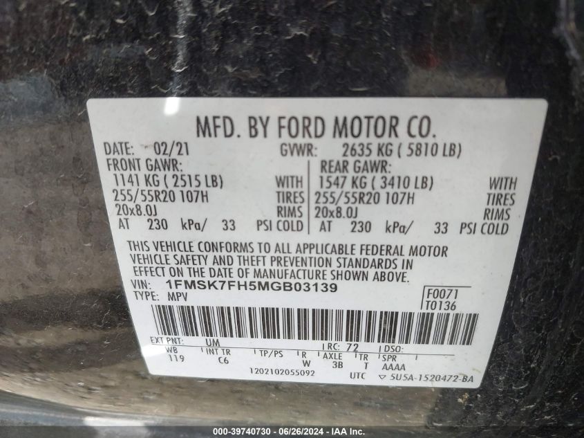 2021 Ford Explorer Limited VIN: 1FMSK7FH5MGB03139 Lot: 39740730