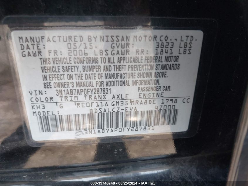 2015 Nissan Sentra S VIN: 3N1AB7AP0FY287831 Lot: 39740740