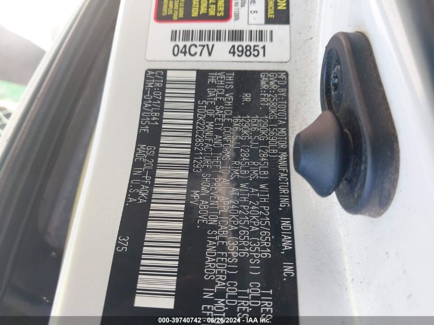 2008 Toyota Sienna Xle VIN: 5TDZK22C28S211293 Lot: 39740742