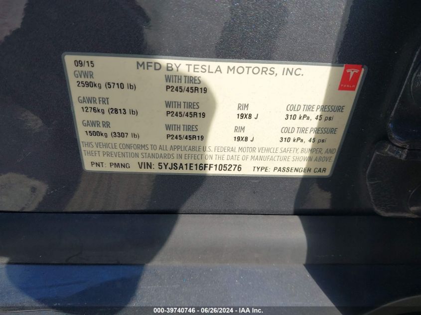 2015 Tesla Model S VIN: 5YJSA1E16FF105276 Lot: 39740746