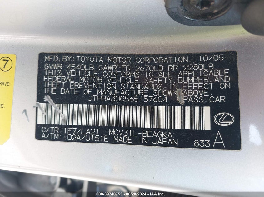 2006 Lexus Es 330 VIN: JTHBA30G565157604 Lot: 39740753