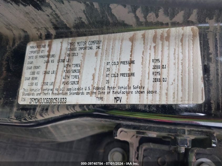 2013 Ford Edge Sel VIN: 2FMDK3JC6DBC51823 Lot: 39740754