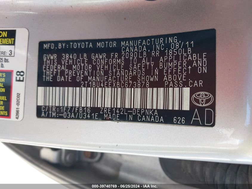 2011 Toyota Corolla Le VIN: 2T1BU4EEXBC673878 Lot: 39740769