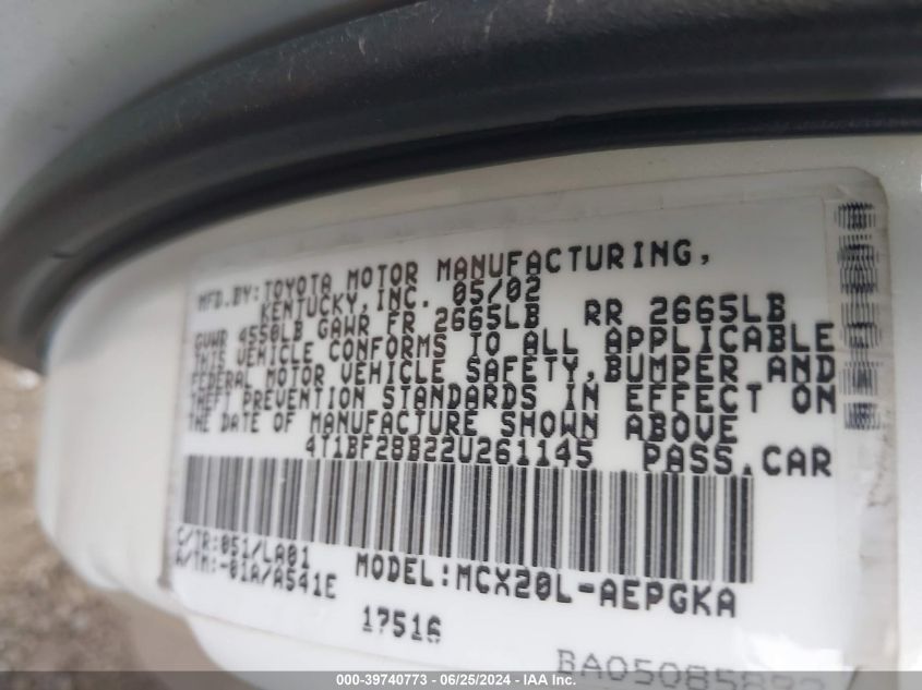 2002 Toyota Avalon Xls VIN: 4T1BF28B22U261145 Lot: 39740773