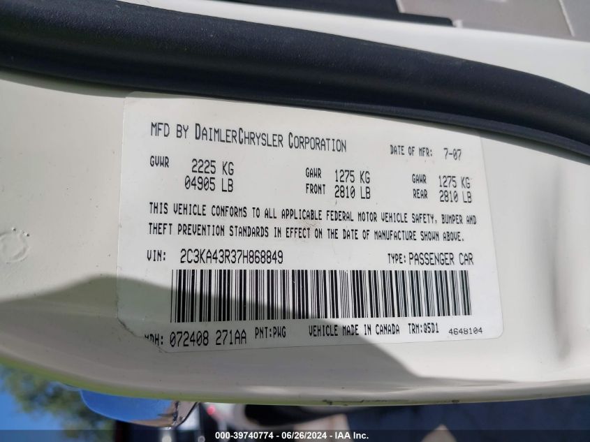 2007 Chrysler 300 VIN: 2C3KA43R37H868849 Lot: 39740774
