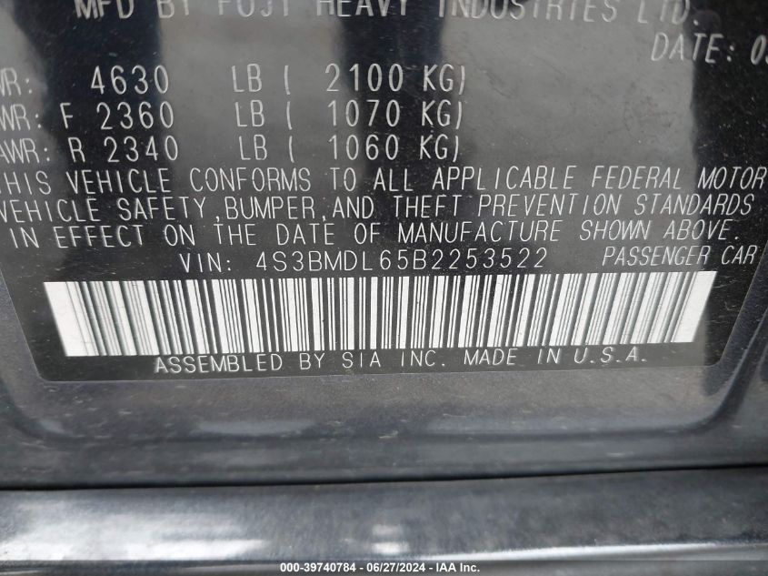 2011 Subaru Legacy 3.6R Limited VIN: 4S3BMDL65B2253522 Lot: 39740784