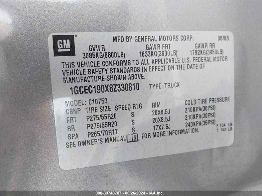 2008 Chevrolet Silverado 1500 Lt1 VIN: 1GCEC190X8Z330810 Lot: 39740787