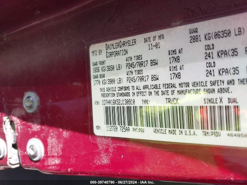 2002 Dodge Ram 1500 St VIN: 1D7HA16K52J130910 Lot: 39740790