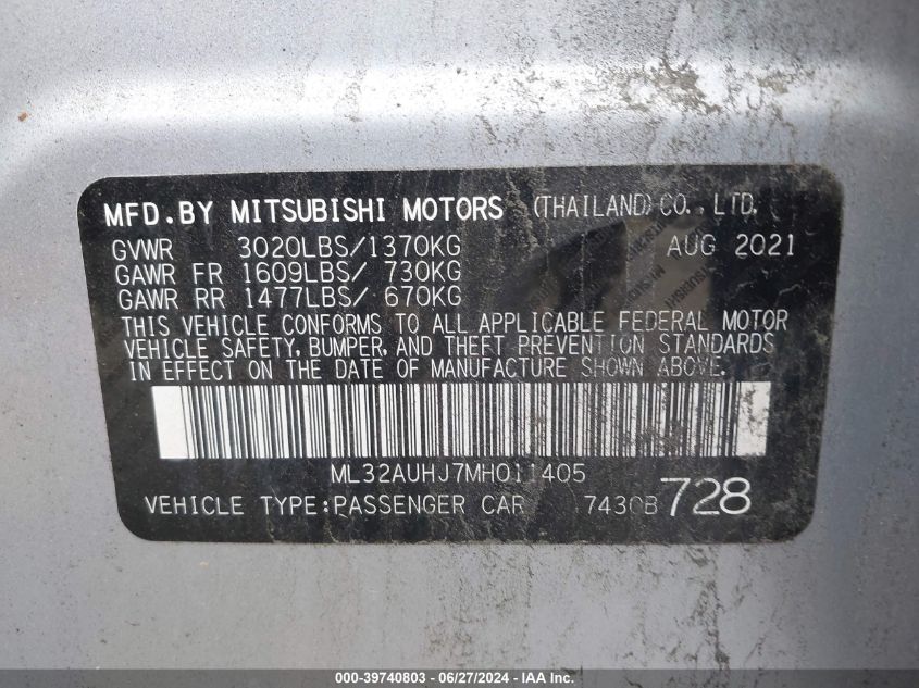 ML32AUHJ7MH011405 2021 Mitsubishi Mirage Carbonite Edition/Es/Le