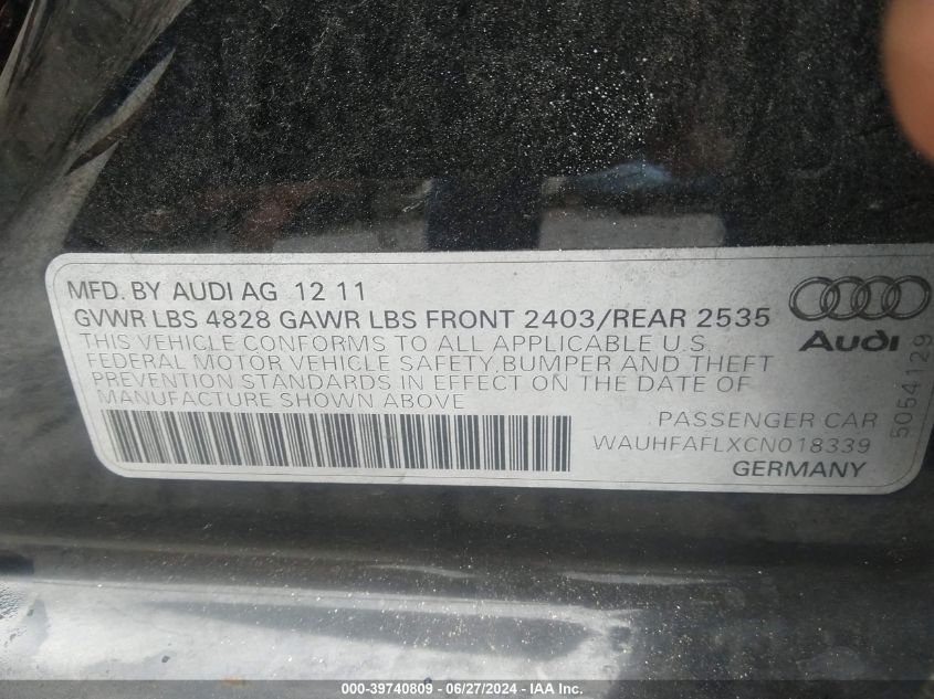 2012 Audi A4 2.0T Premium VIN: WAUHFAFLXCN018339 Lot: 39740809