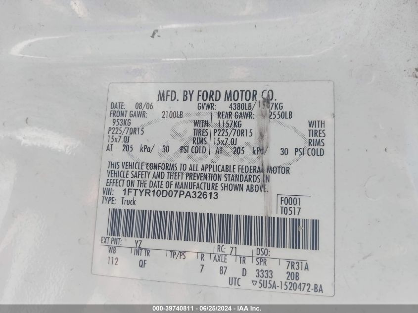 2007 Ford Ranger Stx/Xl/Xlt VIN: 1FTYR10D07PA32613 Lot: 39740811