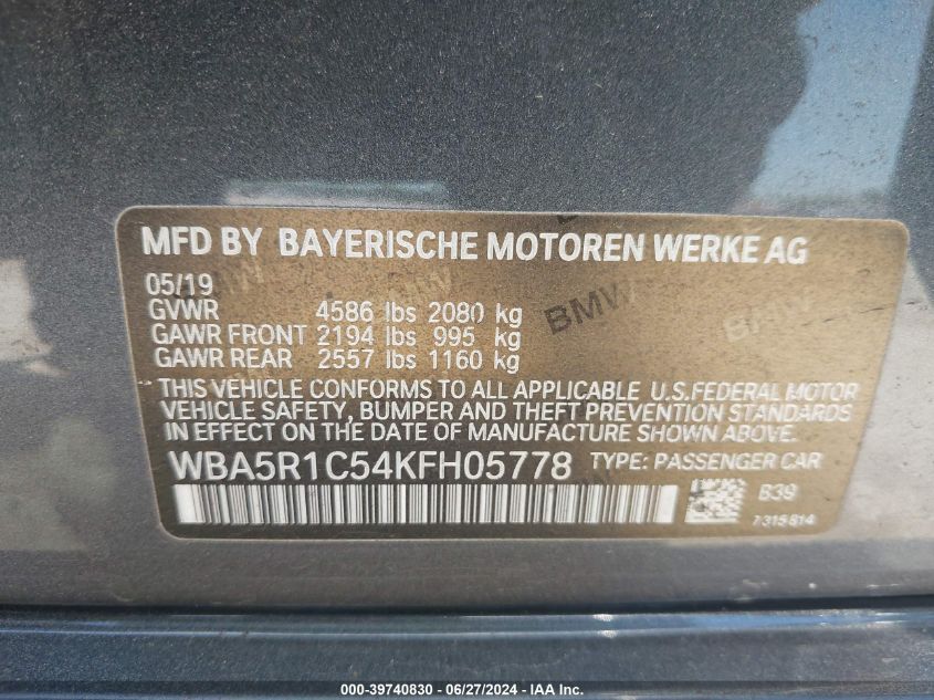 2019 BMW 330I VIN: WBA5R1C54KFH05778 Lot: 39740830
