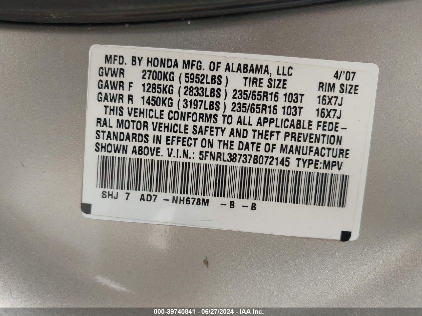 2007 Honda Odyssey Ex-L VIN: 5FNRL38737B072145 Lot: 39740841