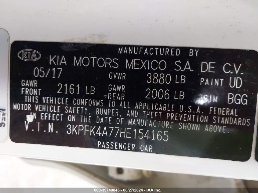 2017 Kia Forte Lx VIN: 3KPFK4A77HE154165 Lot: 39740845