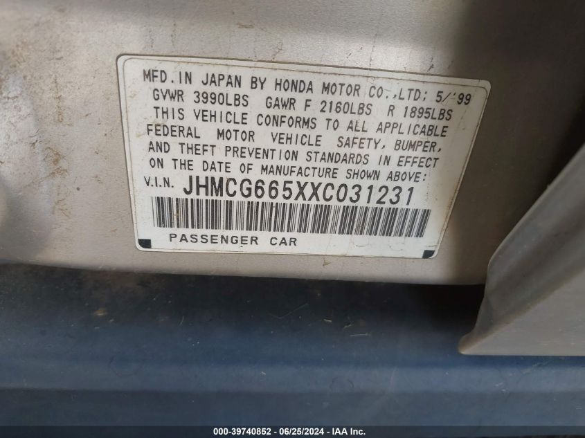 1999 Honda Accord Lx VIN: JHMCG665XXC031231 Lot: 39740852