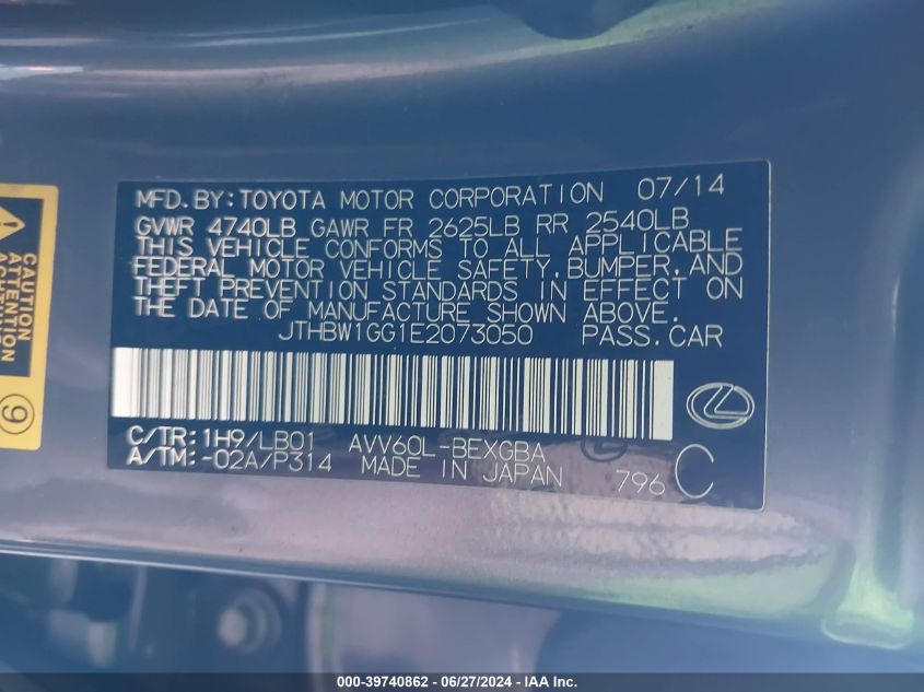 2014 Lexus Es 300H VIN: JTHBW1GG1E2073050 Lot: 39740862