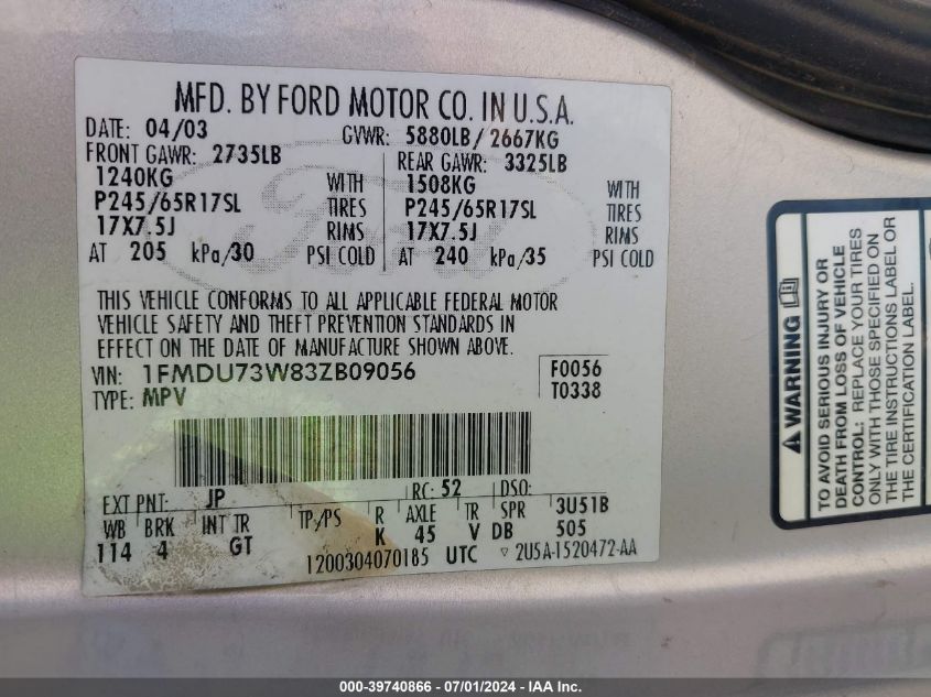 2003 Ford Explorer Nbx/Xlt VIN: 1FMDU73W83ZB09056 Lot: 39740866