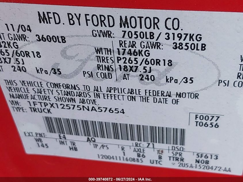 2005 Ford F-150 Lariat/Xl/Xlt VIN: 1FTPX12575NA57654 Lot: 39740872