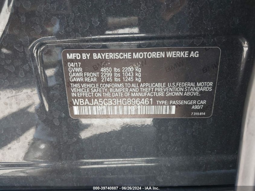 2017 BMW 530I VIN: WBAJA5C33HG896461 Lot: 39740887
